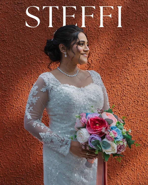 My beautiful Catholic bride Steffi, radiating elegance in her white lace bridal gown. We created a flawless soft-glam makeup look and styled her hair in a delicate updo with a tiara.