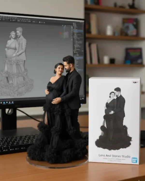 This is where the magic happens. I take your beautiful maternity photo, create a detailed digital 3D model, and print a lifelike statuette, complete with custom packaging. It’s a memory you can truly touch.