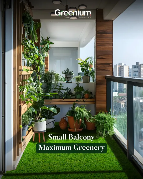 A perfect example of maximizing greenery on a small balcony. I used artificial turf for the floor and filled the space with a variety of potted plants on shelves and stands to create a lush urban paradise.