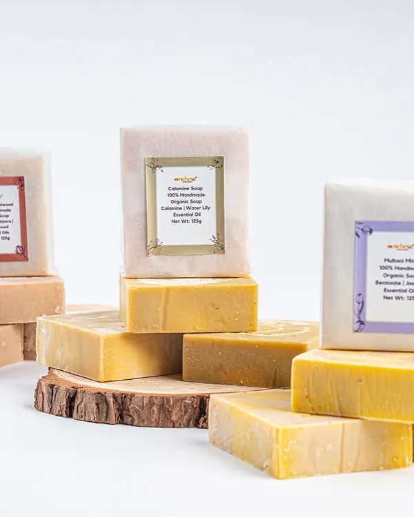 My range of summer-essential cold process soaps. Each bar is 100% natural, made with organic ingredients like Multani Mitti, Calamine, and Ubtan to keep your skin healthy and glowing.
