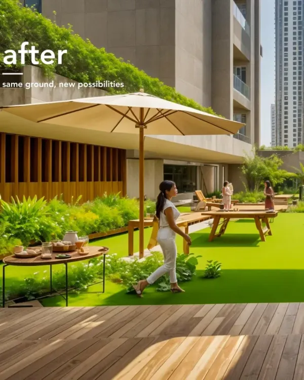 This image shows the transformation of the Girgaum Ekata Co-op Housing Society. My redevelopment proposal reimagines the ground plane, turning it into a lush, usable green space that enhances community living and provides a welcome oasis in the dense urban fabric.