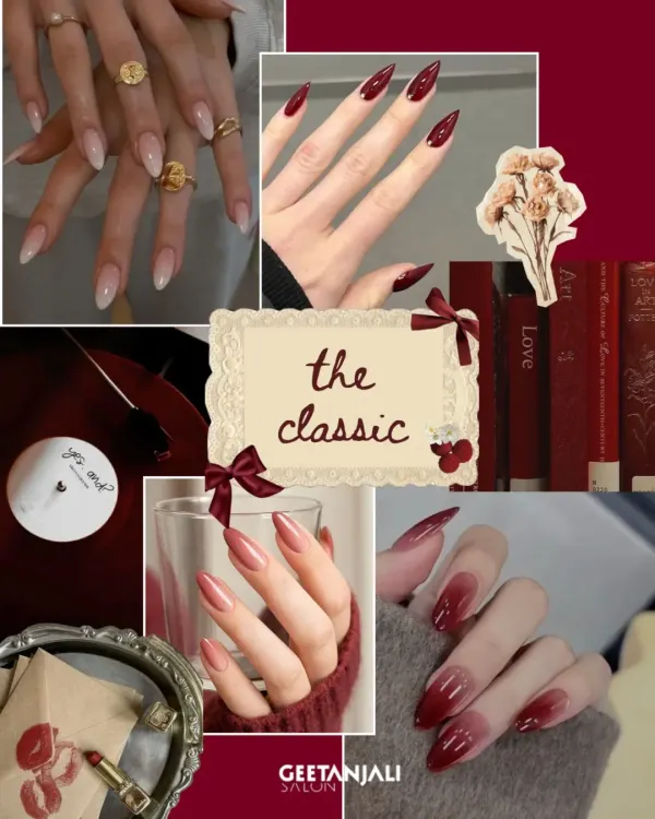 The classics, but with a romantic twist. This moodboard showcases timeless looks for Valentine's, including a soft white-to-pink ombre and a bold, deep red that never goes out of style.