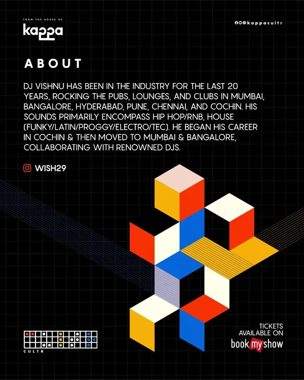 An 'About' graphic from a past event. It details my 20-year career and my primary sound, which includes Hip Hop, RnB, and various forms of House music.