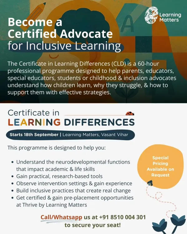 We invite you to become a certified advocate for children with our Certificate in Learning Differences. This 60-hour professional program is designed to give parents, educators, and therapists the practical, research-backed tools needed to confidently support diverse learning profiles and build truly inclusive practices.