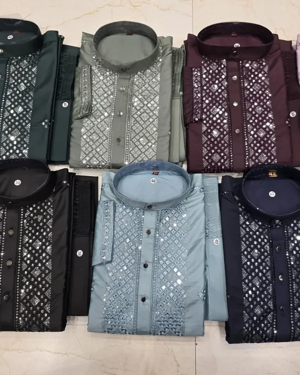 An overview of my ready-to-wear mirror-work kurta collection. These are available in a variety of popular colors like black, navy, grey, maroon, and pastel blue.
