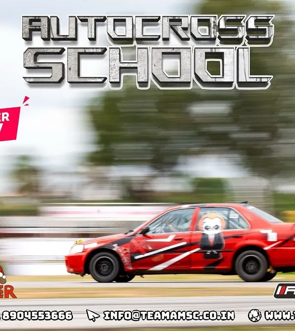 This poster details our Tarmac Autocross School, a one-day intensive workshop. Participants get to learn from professional racers and drive on a real autocross course.