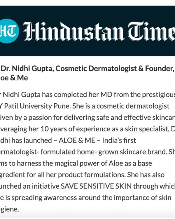 I'm grateful for this feature in the Hindustan Times. It's a privilege to be recognized for my work in cosmetic dermatology and my passion for delivering safe and effective skincare solutions.