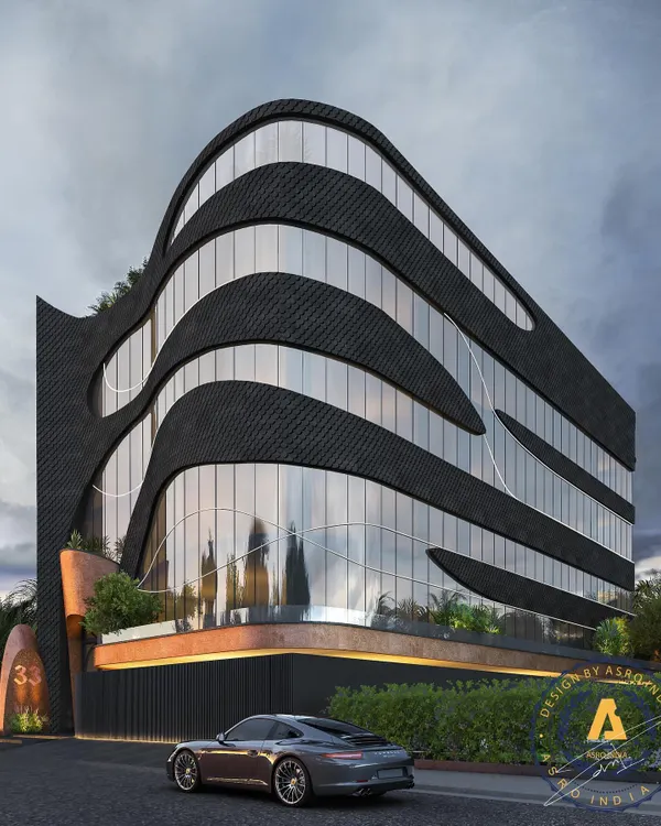 A masterpiece of fluid architecture, this multipurpose commercial building on Link Road, Delhi, stands on an 800 sq-yd plot. The facade blends sleek aluminum shingles with glass, embodying modern architectural innovation and sustainability.