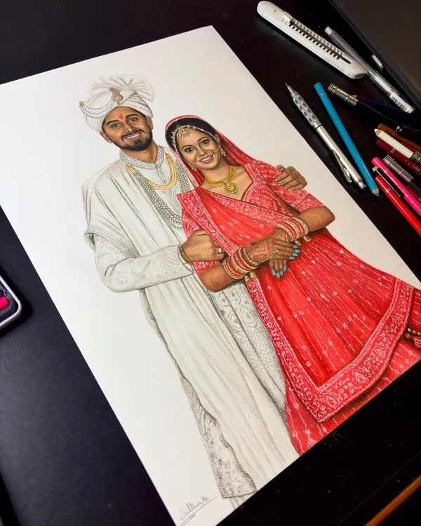 A beautiful wedding portrait for a couple from Gujarat. I used a 72-shade set of Brustro colour pencils to capture the vibrant red of the lehenga and the intricate details of their attire.