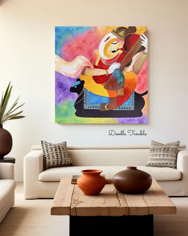 Here is my modern Ganesha painting shown in a living room setting. The vibrant, blended colors and distinct form make it a powerful focal point that radiates positive energy.