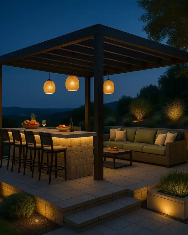 We designed this elegant terrace bar and lounge in Shimla to be the perfect retreat. The modern pergola, combined with a custom stone bar and strategic ambient lighting, creates a luxurious space for entertaining or unwinding against a scenic backdrop.