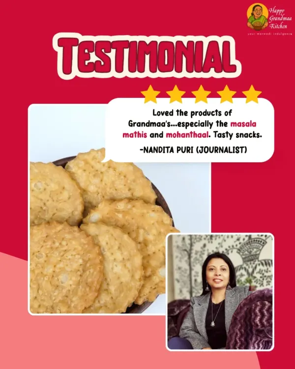 It means the world to us when our food becomes a part of your home. We were so happy to receive this wonderful feedback from journalist Nandita Puri, who loved our Masala Mathis and Mohanthaal.