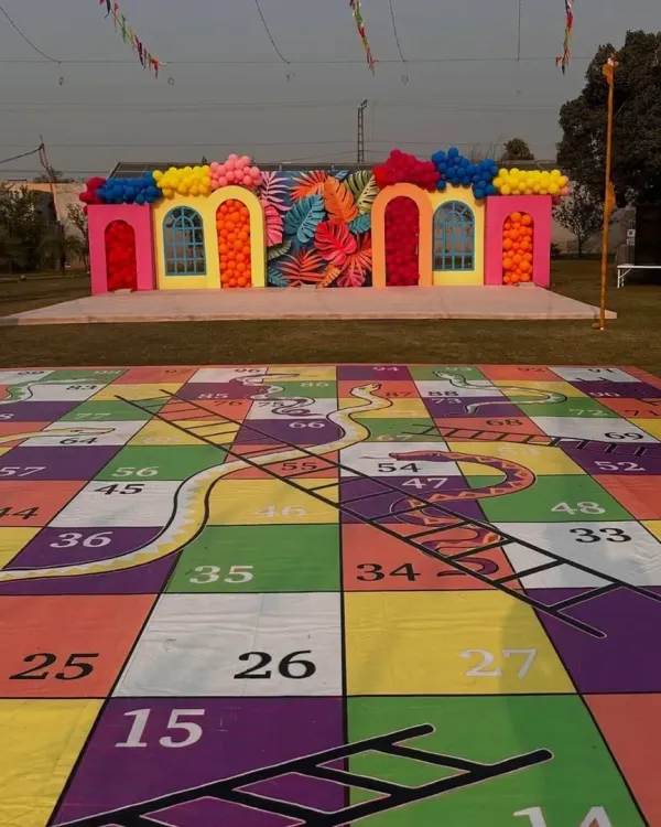 Let the games begin. I arranged this fun-filled game night for a pre-wedding function in Lonavala, featuring a giant snakes and ladders board for guests of all ages to enjoy.