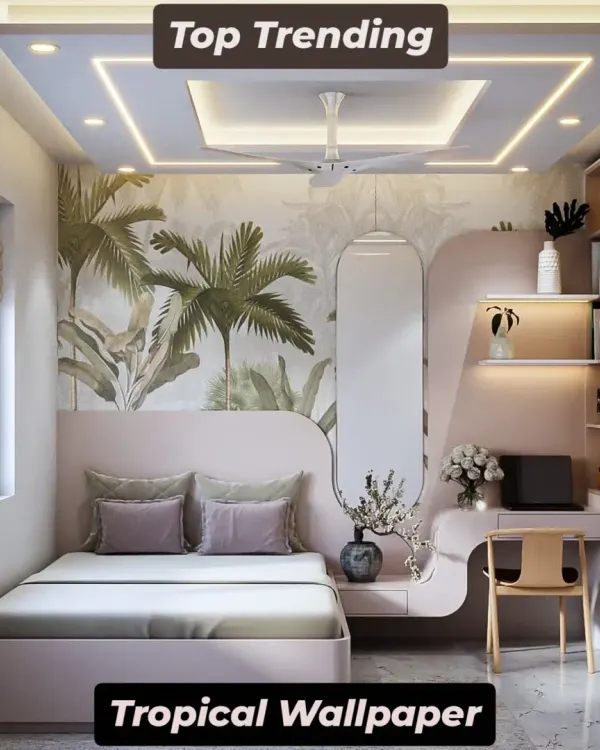 This modern bedroom features a custom tropical wallpaper that serves as a stunning headboard accent. The design creates a serene, resort-like atmosphere, perfectly complemented by integrated lighting to highlight the room's contemporary aesthetic.