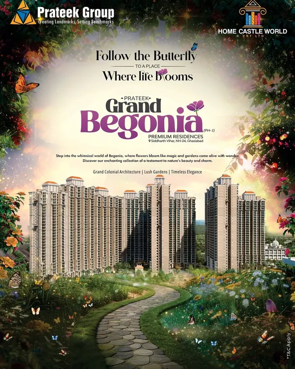 An artist's impression of Prateek Grand Begonia, showcasing its magnificent scale and lush, green surroundings. We help you secure your place in this blooming community.