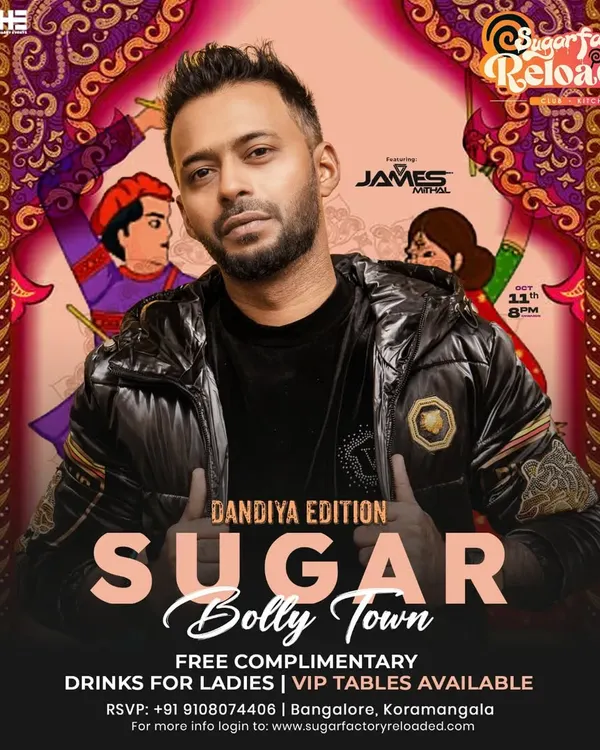 Poster for a 'Dandiya Edition' party at Sugar Factory. I love curating sets for festive nights, complete with free dandiya sticks and a full ethnic wear vibe.