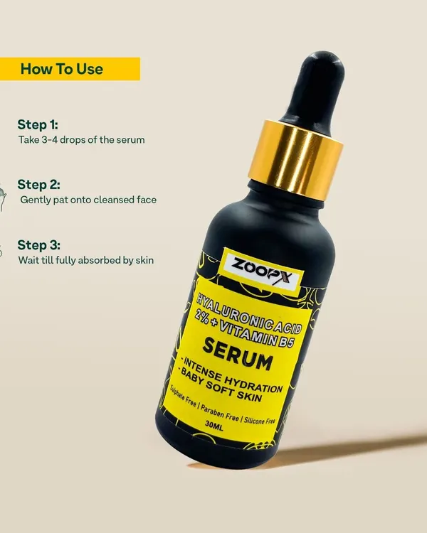A product infographic for Zoopx serum. This image clearly lays out the "How To Use" steps with simple icons and text, providing valuable information to the customer in a visually appealing format.