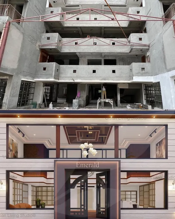 A before-and-after comparison of a luxury housing tower foyer. My 3D design visualization on the bottom shows the planned aesthetic, while the top image shows the raw construction site, illustrating how I bring a detailed vision to life.