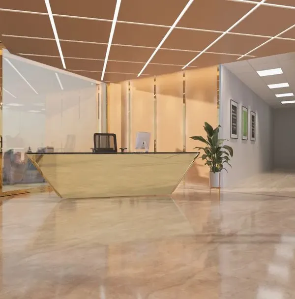 A wide-angle view of the reception and lobby at the Mahalakshmi Logistics corporate office. The polished marble flooring and gold-trimmed glass partitions create a sense of scale and luxury, leading into the main office areas.