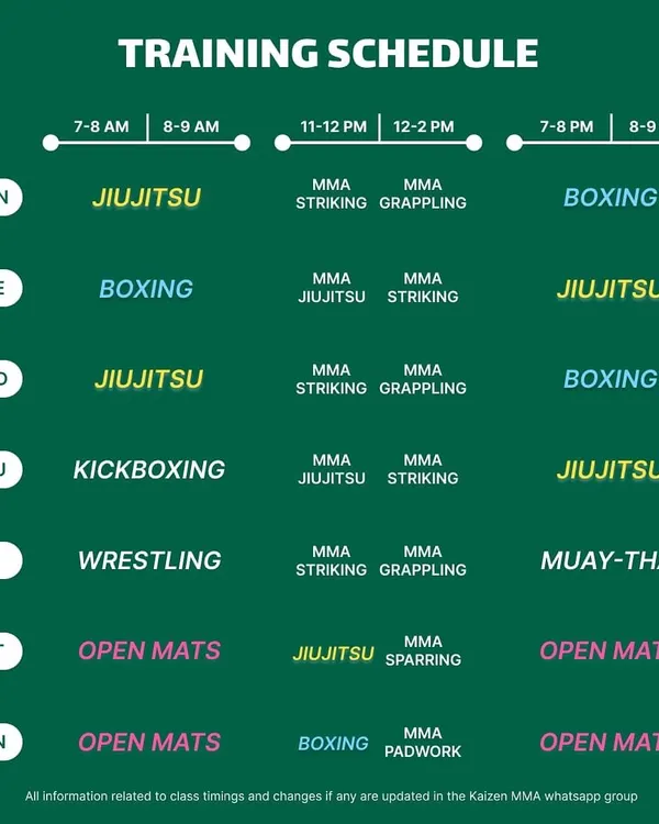 Our updated training schedule with more classes. We've added new morning and evening slots, plus four new open mat sessions, to make training accessible for everyone.