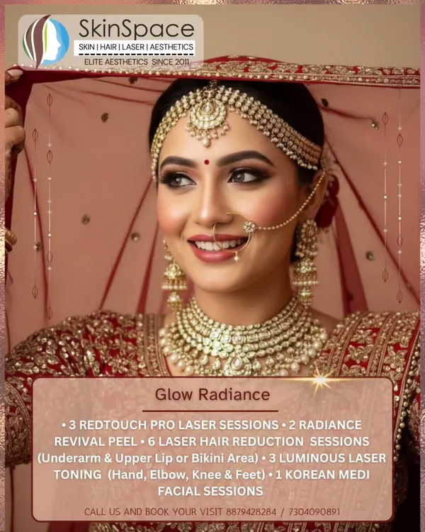 Our ultimate bridal package, Glow Radiance, is designed for a complete transformation. It includes six laser hair reduction sessions, advanced peels, and laser toning to ensure you are firm, flawless, and radiant from every angle on your special day.