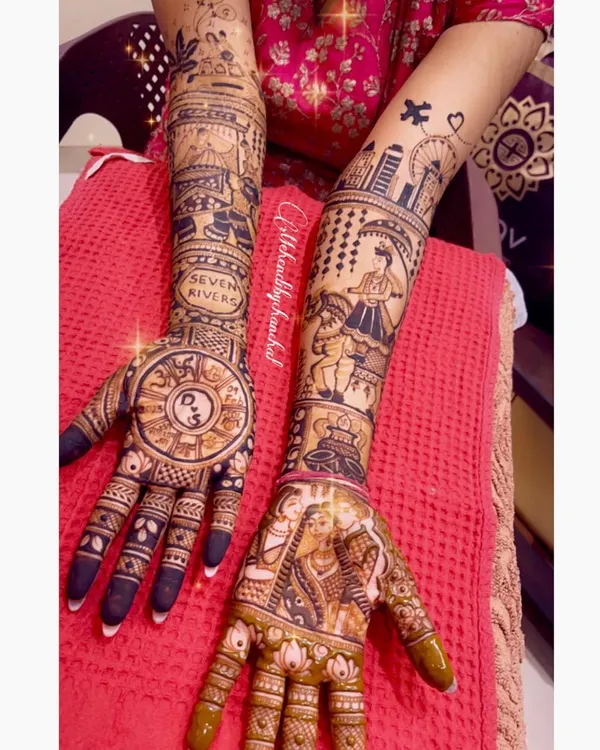 This design was so much fun to create. We included the London skyline and a Ferris wheel to represent where they met, along with their family portraits and other personal symbols.