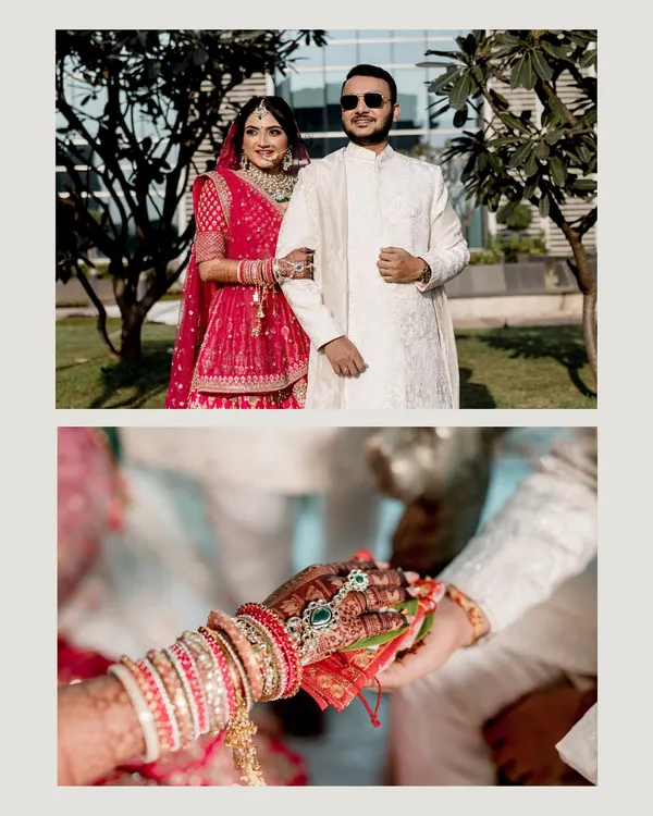 A diptych showing a modern couple portrait alongside a close-up of the kanyadaan ritual, blending contemporary style with sacred tradition.