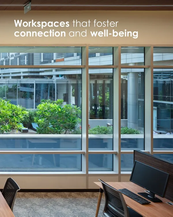 We design workspaces that foster well-being by connecting employees to nature. This workstation is positioned to offer an expansive view of the green central courtyard, providing a calming and refreshing backdrop that enhances focus and reduces stress throughout the workday.