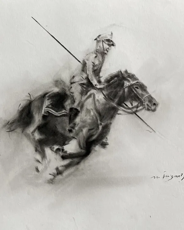 'Galloping Spirit' is a charcoal drawing where I tried to capture pure motion. Using broad, sweeping strokes and smudging, I depicted the energy and power of a horse and rider in full gallop.