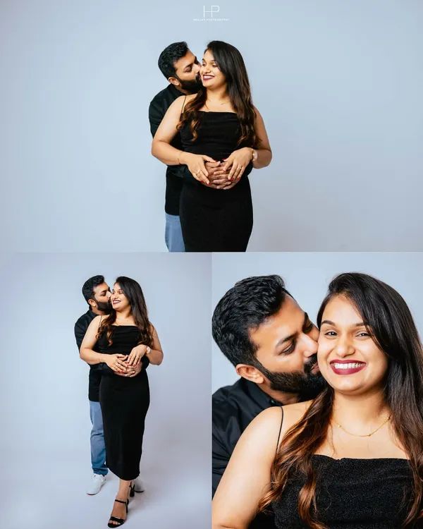 A fun and playful collage from a studio pre-wedding shoot, showing the couple's natural chemistry.