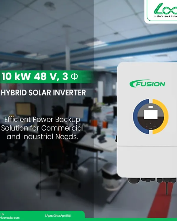 The Loom Solar Fusion 10 kW, 48 V, 3-phase Hybrid Solar Inverter is an efficient power backup solution for commercial and industrial needs. It features high efficiency, Wi-Fi monitoring, and sine wave technology for safe, stable power.