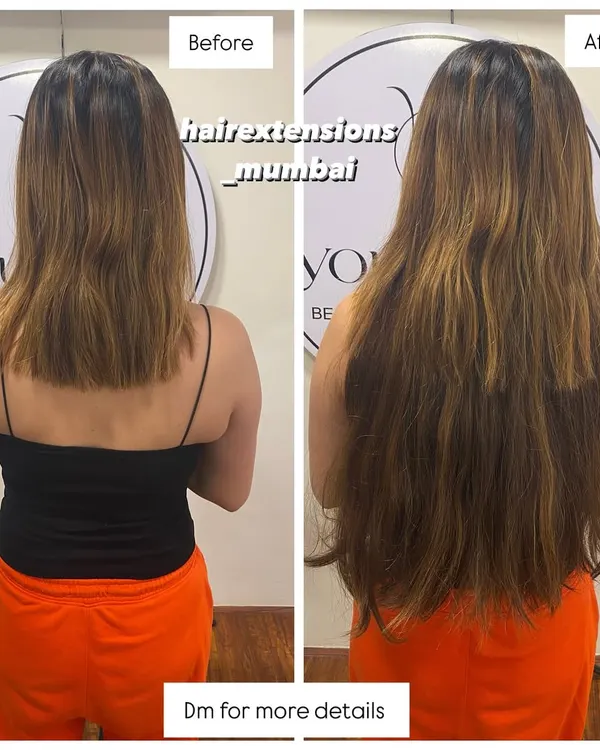 A complete transformation using our 100% real human hair extensions. We took this client from a shoulder-length bob to long, flowing hair, seamlessly adding both length and significant volume for a natural, premium look.