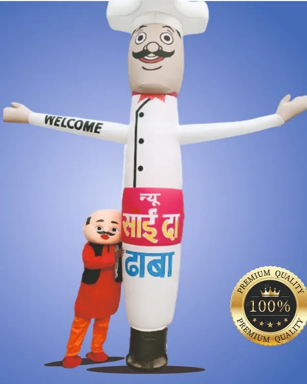 We created this custom-made mascot and a 12-foot chef air dancer for 'New Sai Da Dhaba' to help them attract more customers. We can design unique promotional characters and walking inflatables for any business, event, or shop opening.