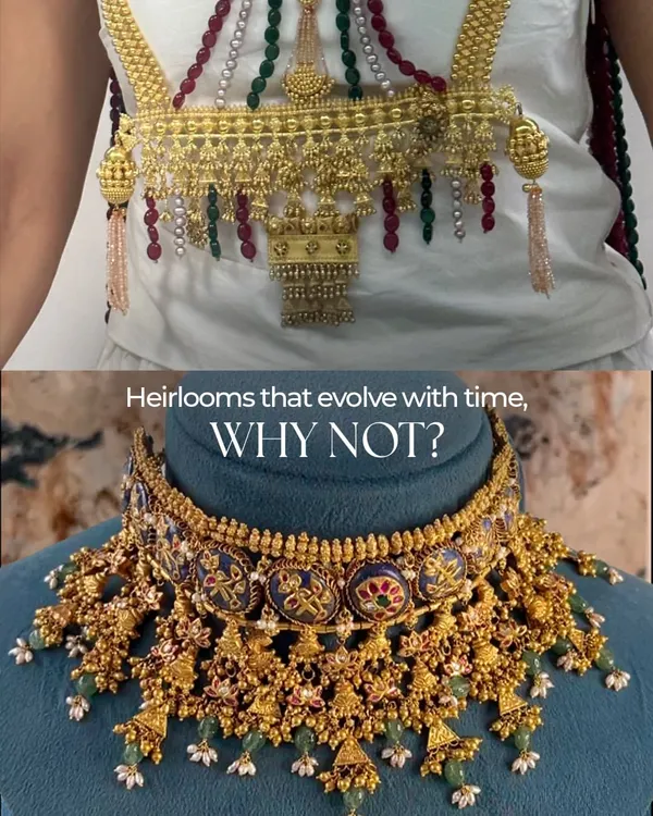 A powerful before and after. We transformed a traditional gold kamarpatta, or waist belt, into a magnificent bridal choker, adding intricate details and colorful stones to make it a modern heirloom.