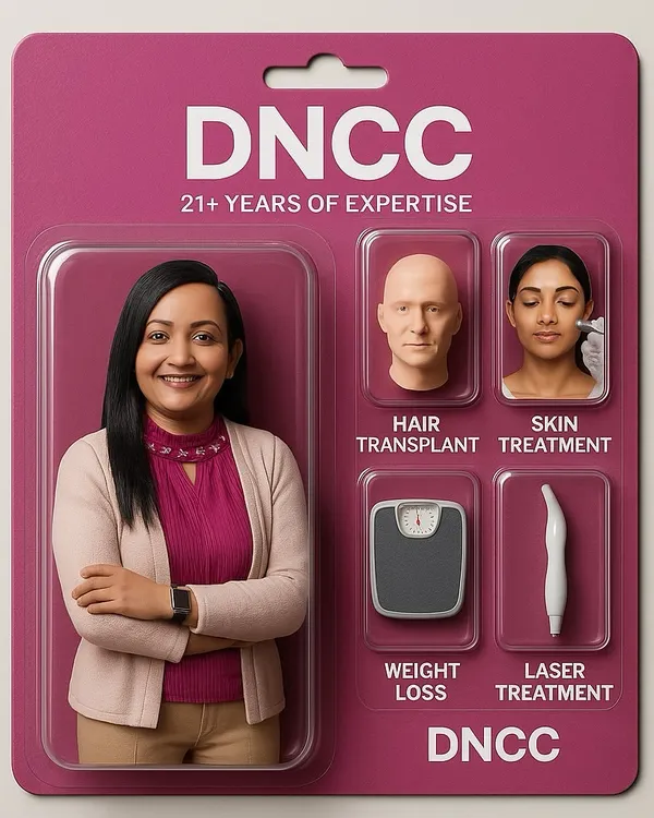 This creative image represents the comprehensive care I provide at DNCC. With over 21 years of expertise, I offer solutions for hair transplant, skin treatments, weight loss, and laser treatments, all backed by my experience as a dermatologist.