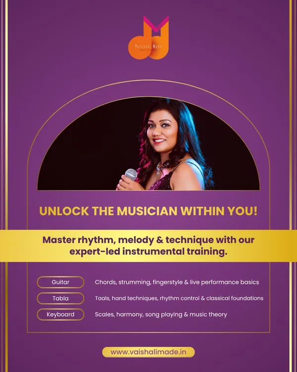 Unlock the musician within you with our expert-led instrumental training. We offer detailed courses for Guitar (chords, strumming), Tabla (taals, hand techniques), and Keyboard (scales, harmony, music theory).