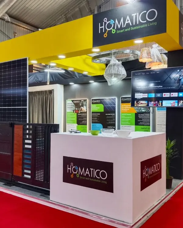 Our booth at the D-arc BUILD 2024 exhibition, fully set up to showcase our smart and sustainable living solutions. We featured everything from entrance automation and solar panels to our integrated home control systems.