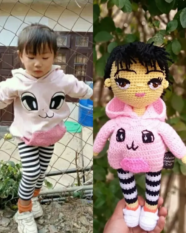 This side-by-side shows how I transform a photograph into a cherished keepsake. I recreated this little girl's outfit, from her pink hoodie to her striped leggings, in a custom portrait doll.