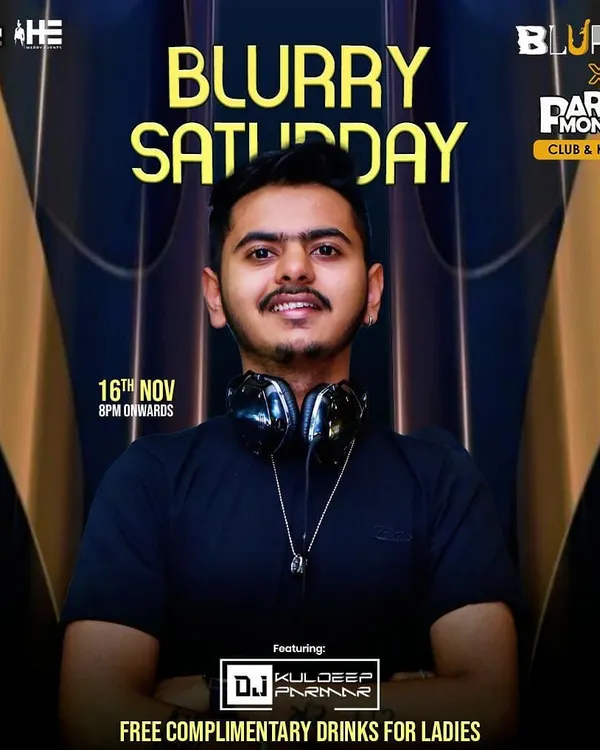 Poster for 'Blurry Saturday' at Blurred, Koramangala. A classic Bollywood and Punjabi night with complimentary drinks for ladies.