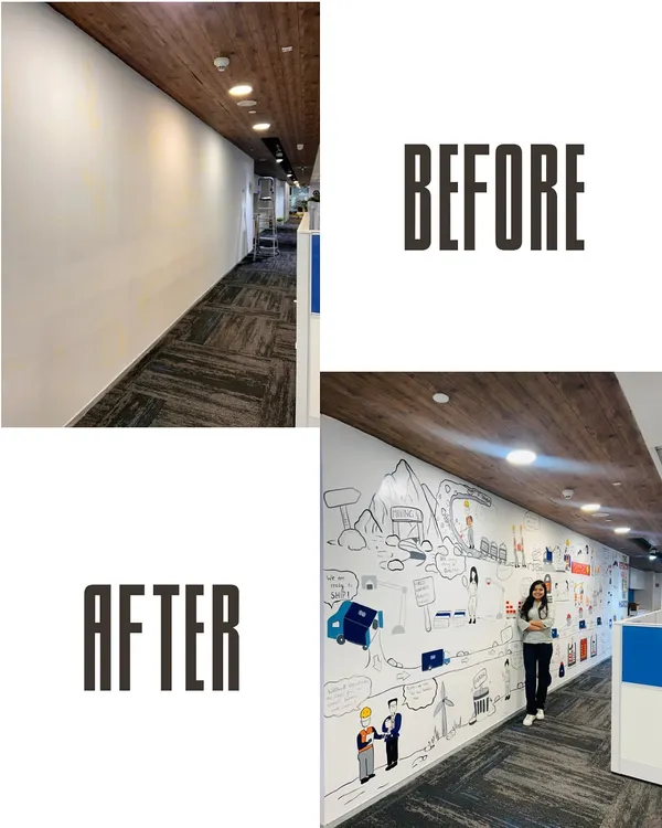 The transformation is always my favorite part. Here’s a before-and-after look at the 24-foot hallway at RHI Magnesita, showing how a blank wall became a dynamic storyboard for their company's journey.