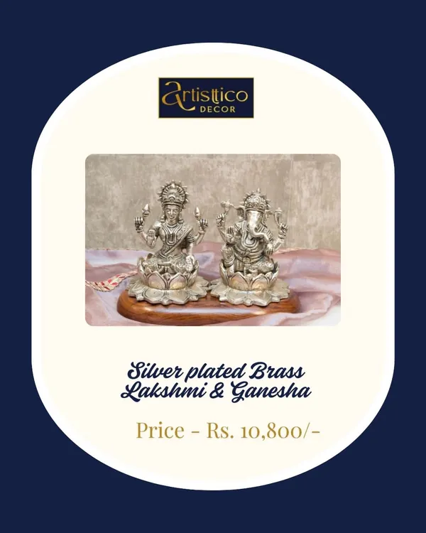 Bring home blessings with this silver-plated brass Lakshmi and Ganesha idol set. The intricate detailing makes it a beautiful centerpiece for your pooja room.