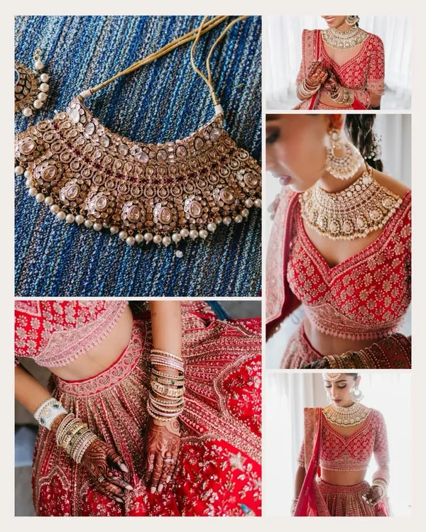 A collage showcasing the bride's stunning wedding jewelry, including her necklace, earrings, and bangles, as well as her intricate red lehenga.