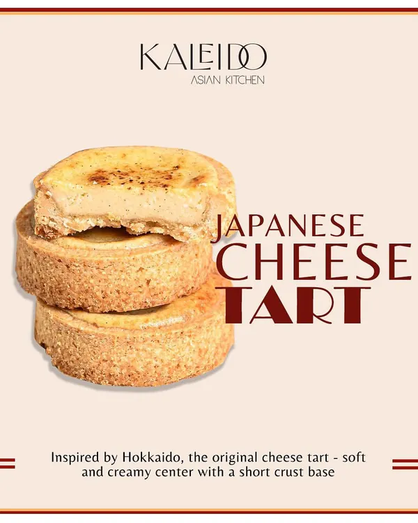 My Japanese Cheese Tart, inspired by the famous Hokkaido original. This dessert features a soft and creamy cheese center with a crisp, short-crust base, with a cross-section showing the rich filling.
