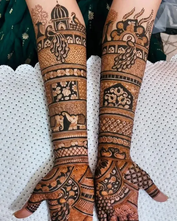 A stunning example of full-coverage bridal mehendi. This design features bands of intricate patterns, including elephants, peacocks, and floral blocks, extending from the fingertips to the elbow for a truly regal look.