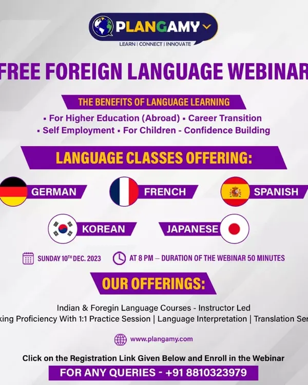 An announcement for our free foreign language webinar, covering the benefits of language learning for higher education, career transition, and confidence building.