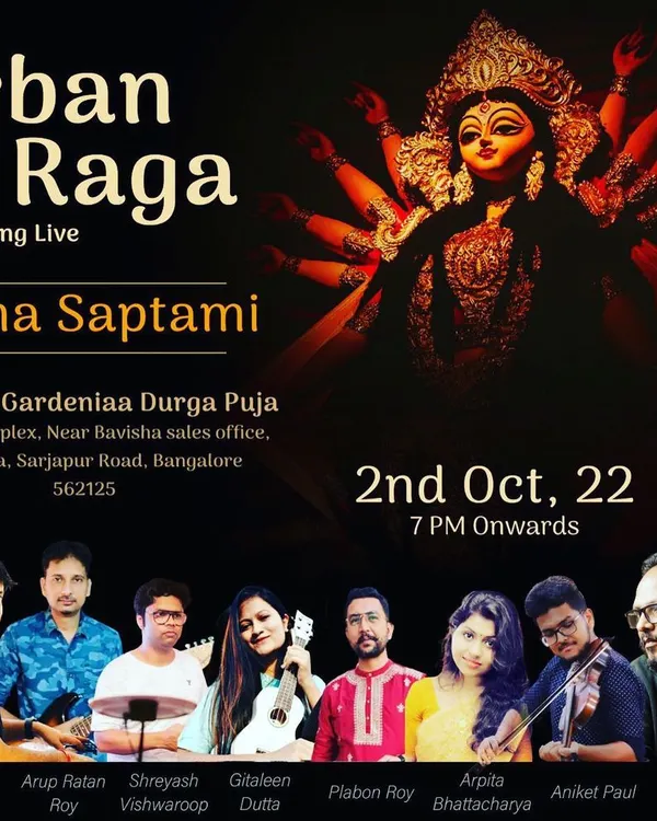 We were honored to perform live for the Maha Saptami celebrations at the Bavisha Gardeniaa Durga Puja. This poster showcases our full band ensemble, featuring a blend of vocals, violin, guitar, and percussion, ready to bring festive energy to your cultural event.