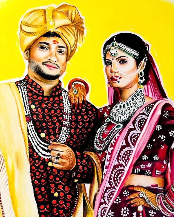 My first wedding commission work. I used color pencils to capture the richness of the couple's wedding attire, from the groom's turban to the bride's intricate lehenga.