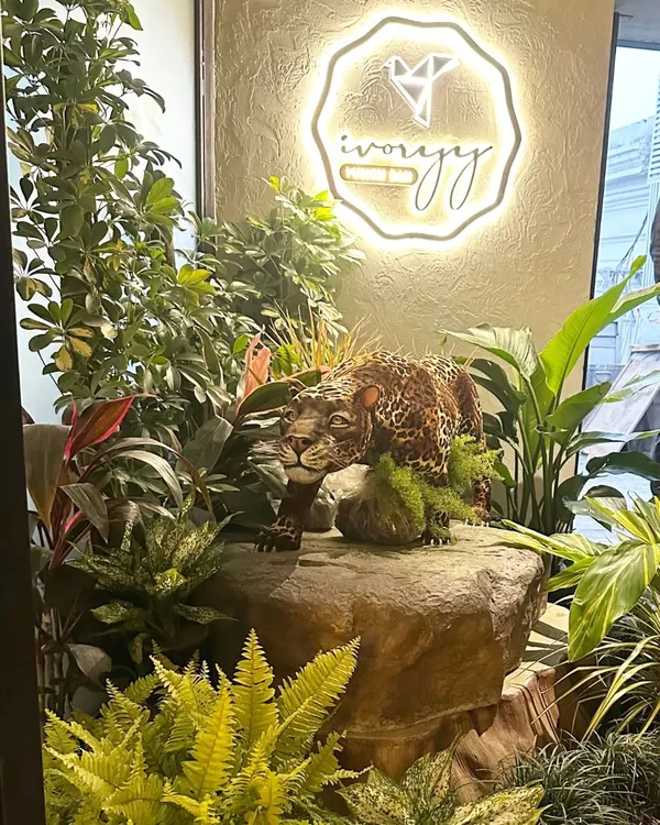 We designed this jungle-themed entrance for Ivoryy in Connaught Place to create an immediate sense of escape. A mix of real and artificial plants surrounds a central leopard sculpture, turning the entryway into a memorable, immersive experience for guests before they even step inside.