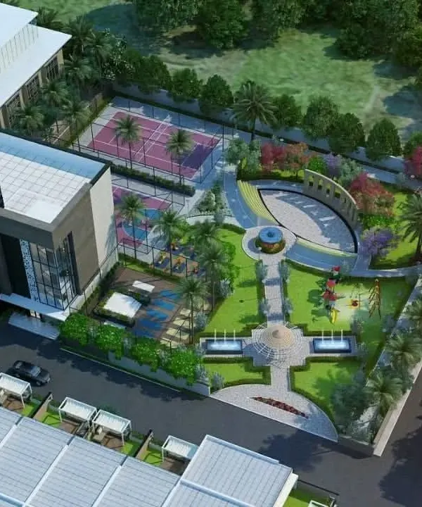 This aerial master plan for a Kanpur housing project shows our integrated approach. We design complete ecosystems with a clubhouse, sports courts, an open-air amphitheater, and landscaped parks, ensuring the architecture and landscape function as one cohesive environment.
