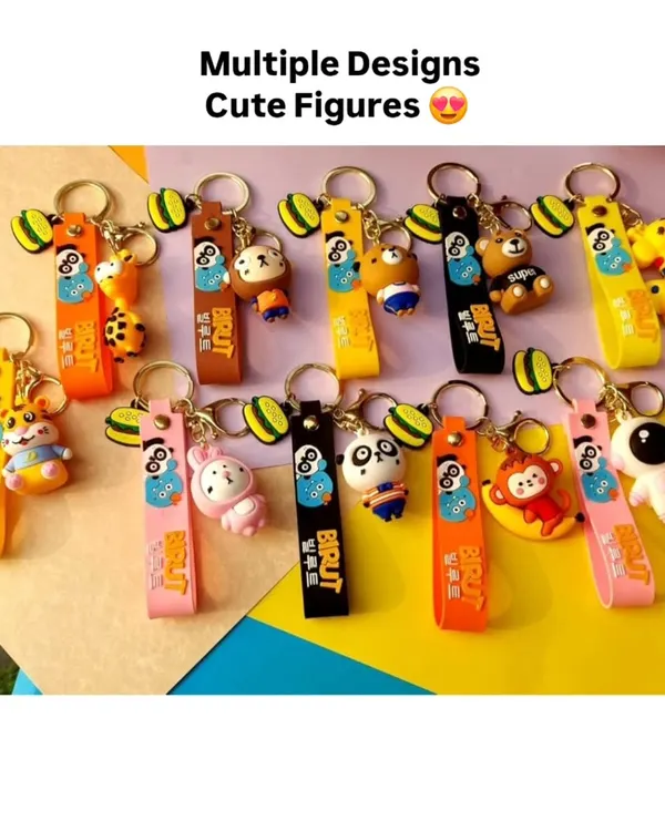 Looking for birthday return gifts? I have a huge variety of cute character keychains. This image shows some of the many designs available, from pandas to monkeys.